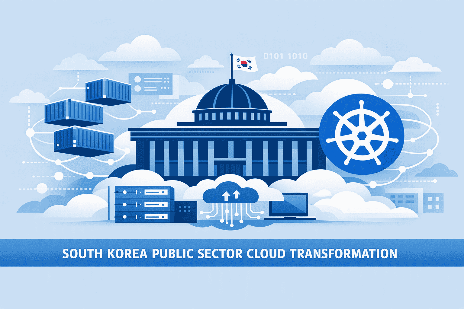 공공기관 클라우드 네이티브 전환을 상징하는 정부청사와 컨테이너 인프라 일러스트