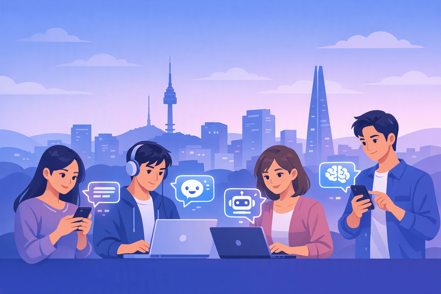 청년 AI 기본권 정책을 상징하는 서울 청년들의 생성형 AI 활용 일러스트