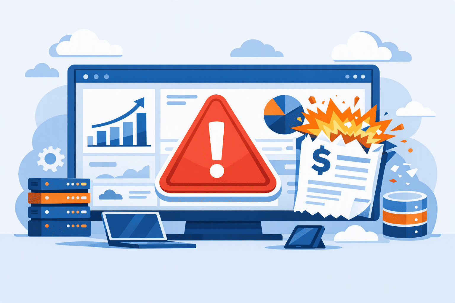 AWS 비용 예상 버그로 청구서 화면에 오류 경고가 뜨는 클라우드 대시보드 일러스트