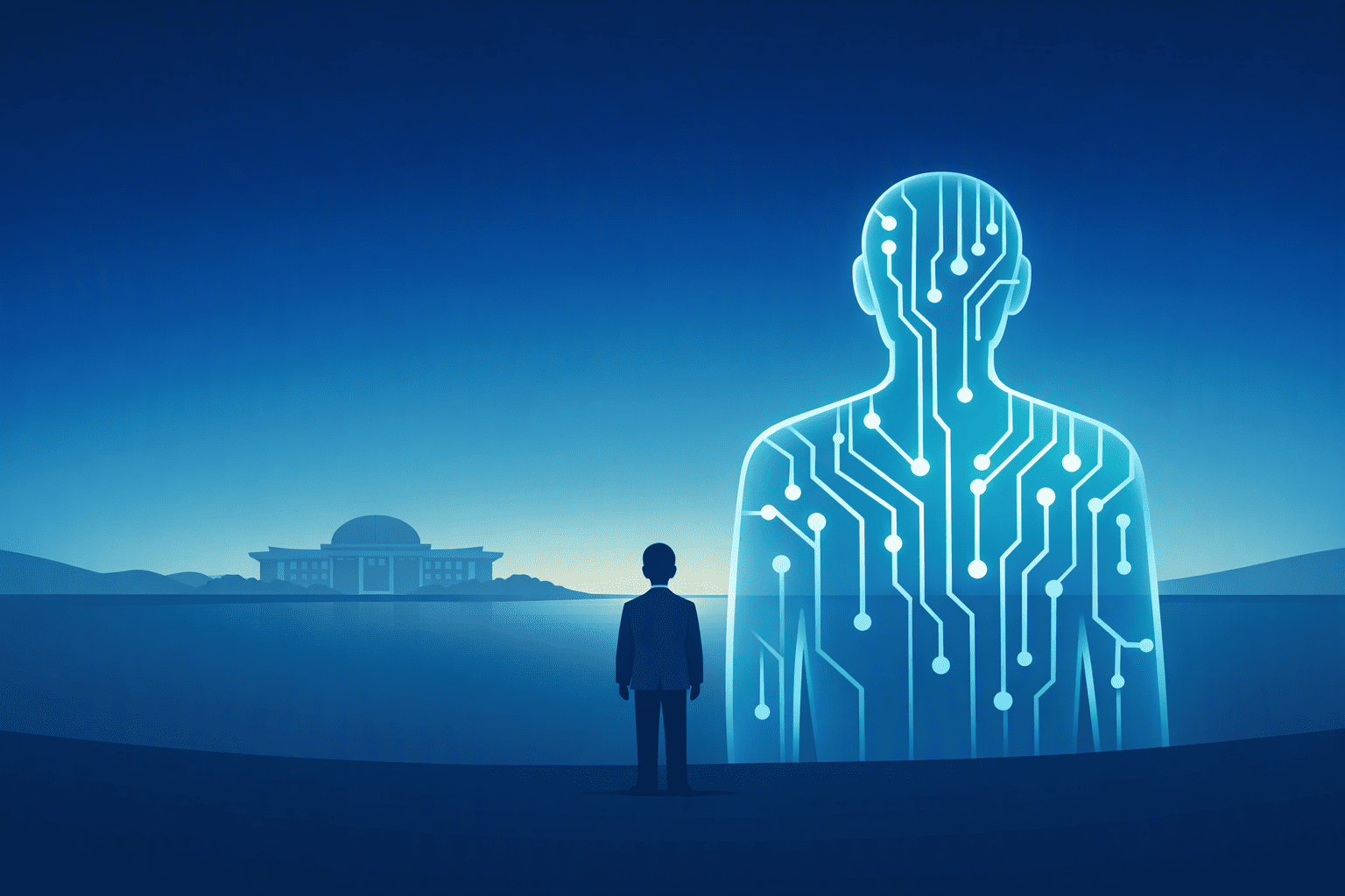 AI 에이전트 시대 생존법을 상징하는 사람과 AI 실루엣 일러스트