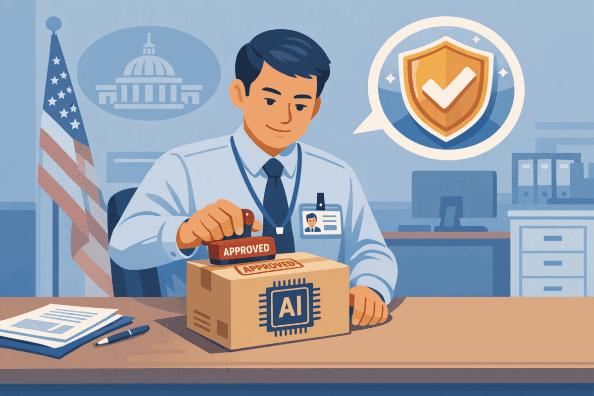 AI기본법 시행령의 공공조달 AI 확인제를 표현한 조달 담당자와 인증 배지 일러스트