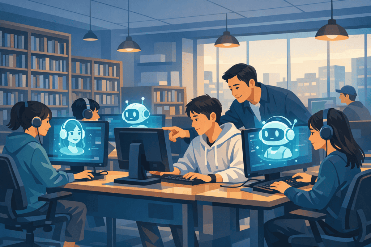 서울 AI 라운지에서 AI 코치의 도움을 받는 청년들의 모습을 표현한 일러스트