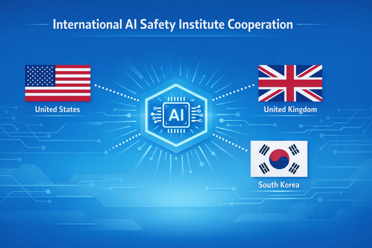 미국, 영국, 한국의 AI 안전연구소 국제 협력 네트워크를 나타낸 인포그래픽