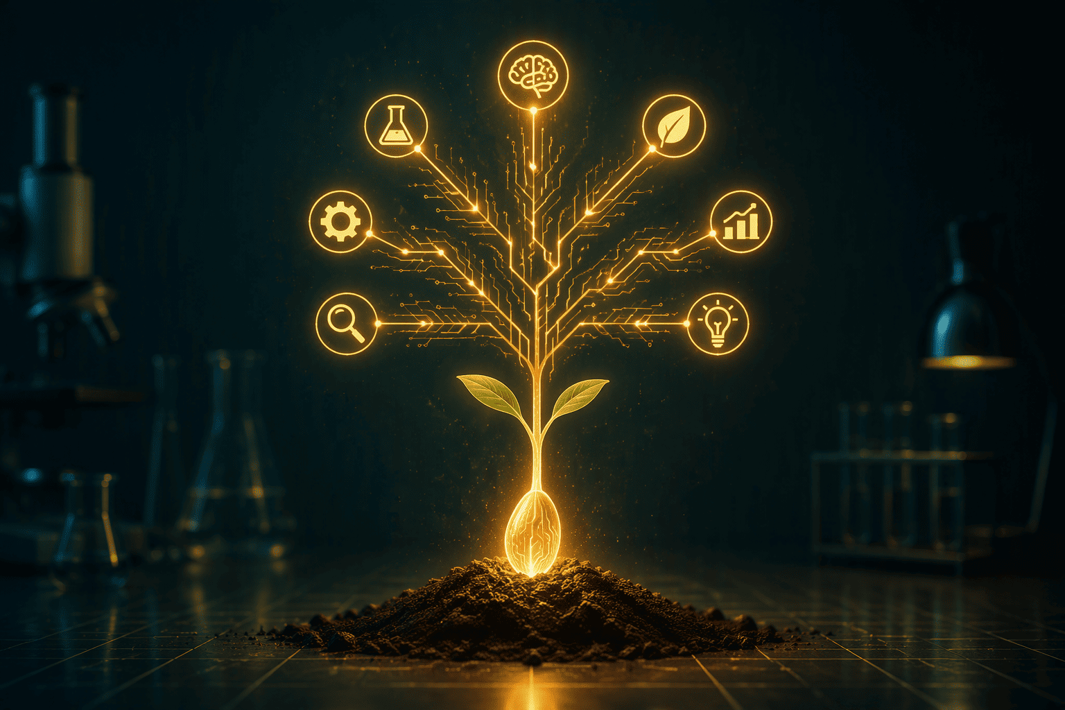 딥테크 창업 활성화 전략의 7대 SEED 성과가 사업화로 이어지는 과정을 형상화한 씨앗 일러스트