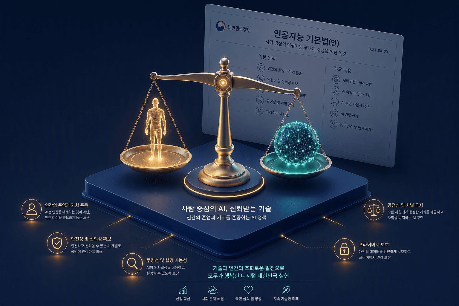 대한민국 인공지능 윤리원칙의 3대 가치와 7대 원칙을 상징하는 저울 일러스트